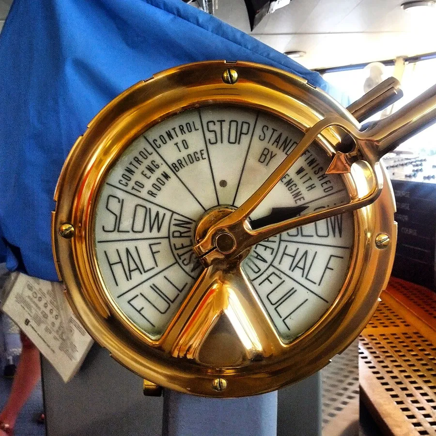 Ring it twice A brass engine order telegraph, with a dial position labeled FINISHED WITH ENGINE