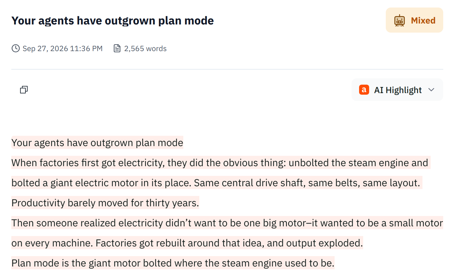Pangram highlighting the title and the opening three paragraphs about factories and electric motors as AI generated