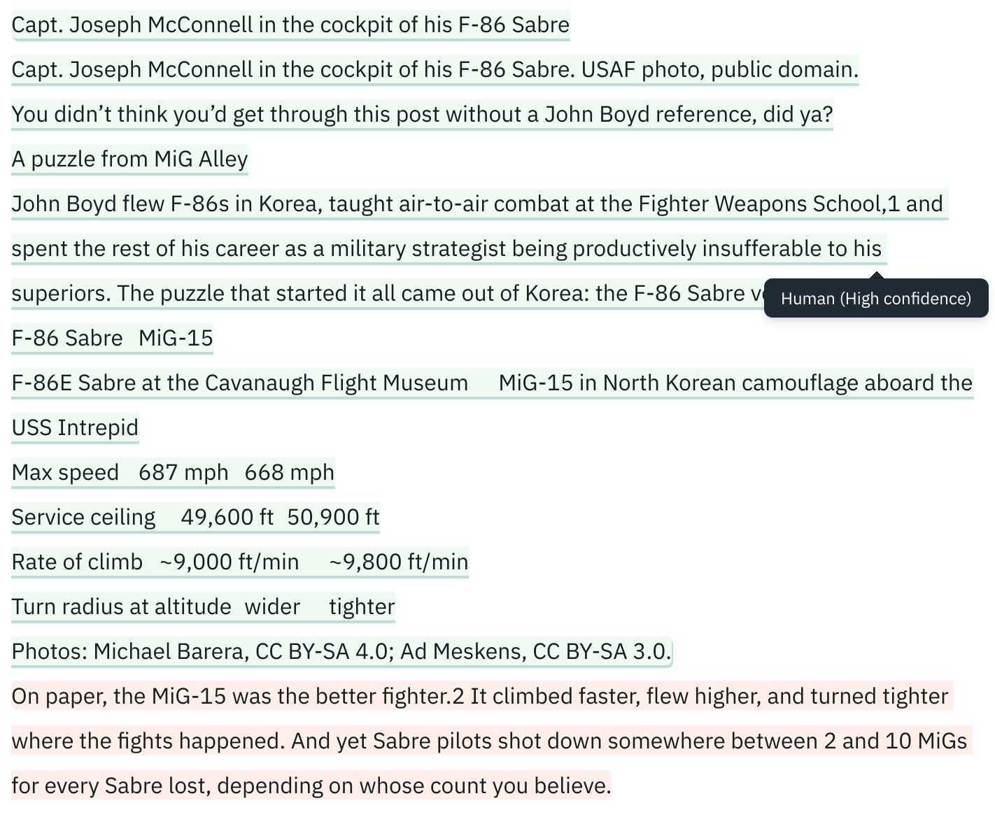 Pangram highlighting the John Boyd introduction, the F-86 versus MiG-15 comparison table, and the photo captions as human written with high confidence
