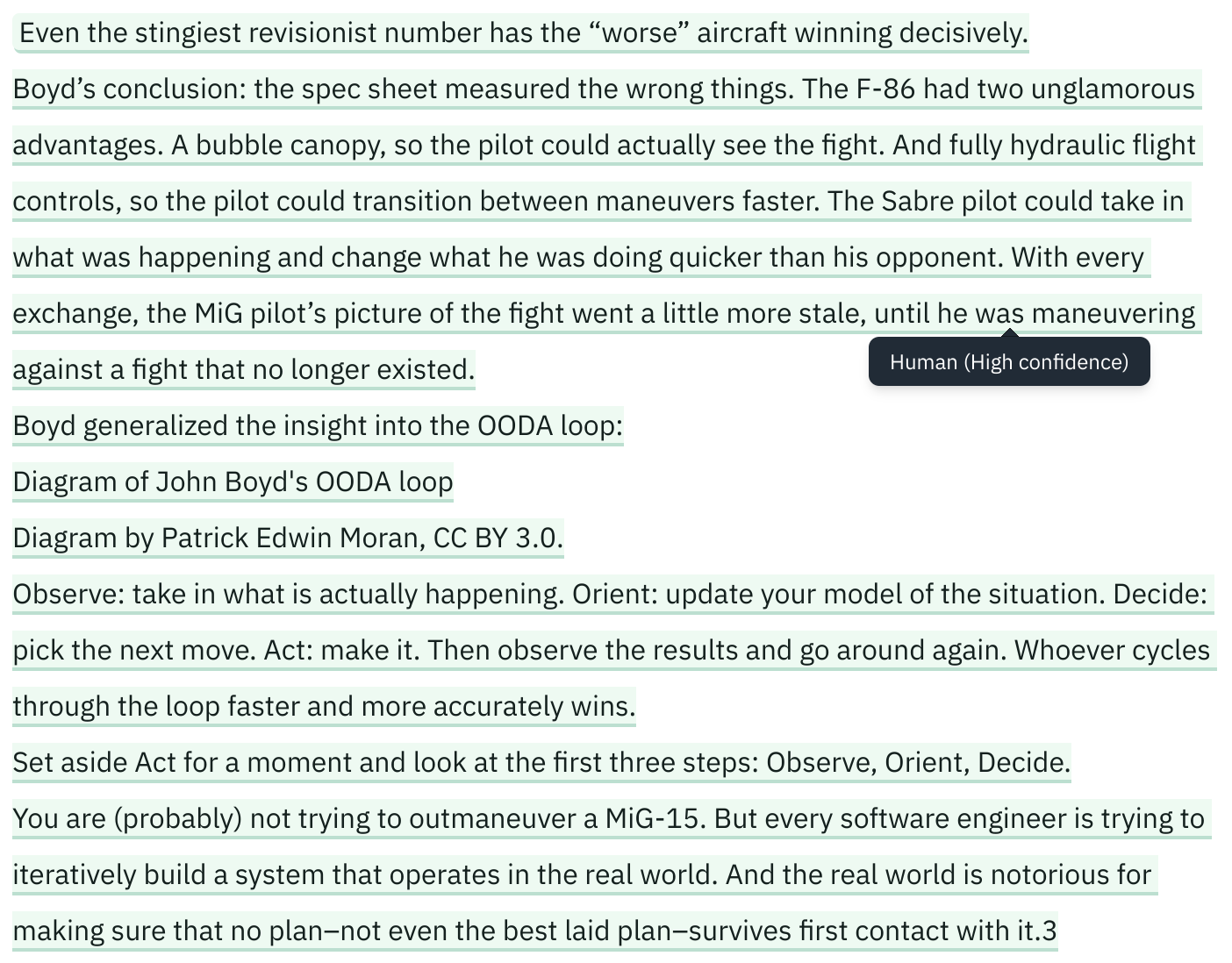 Pangram highlighting the paragraphs on Boyd's conclusion and the OODA loop as human written with high confidence