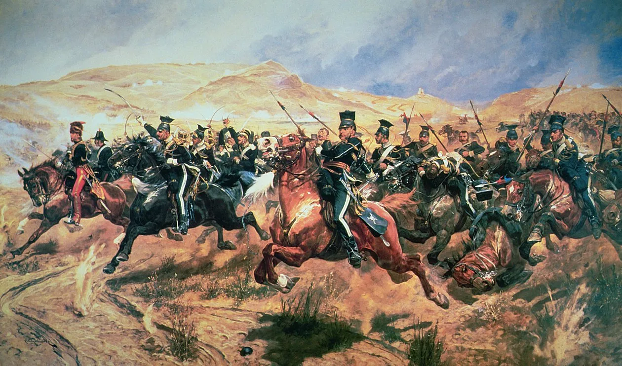 Implemented exactly as written Richard Caton Woodville's painting of the Charge of the Light Brigade: cavalry galloping into Russian guns at Balaclava
