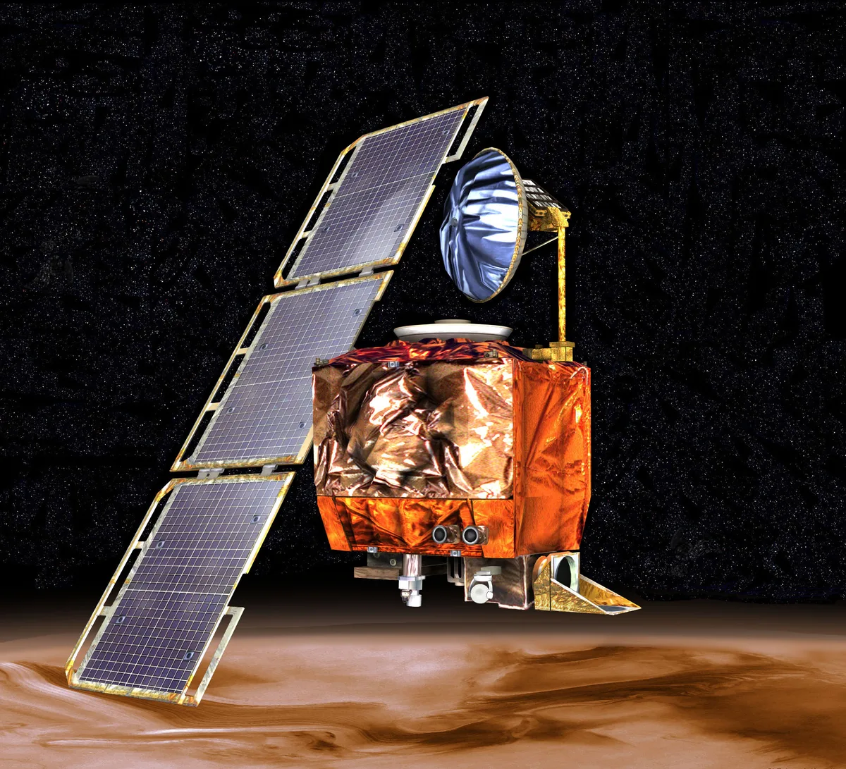 One team used pound-force seconds. The other used newton-seconds. Both were sure they were right. Artist's rendering of the Mars Climate Orbiter spacecraft above Mars